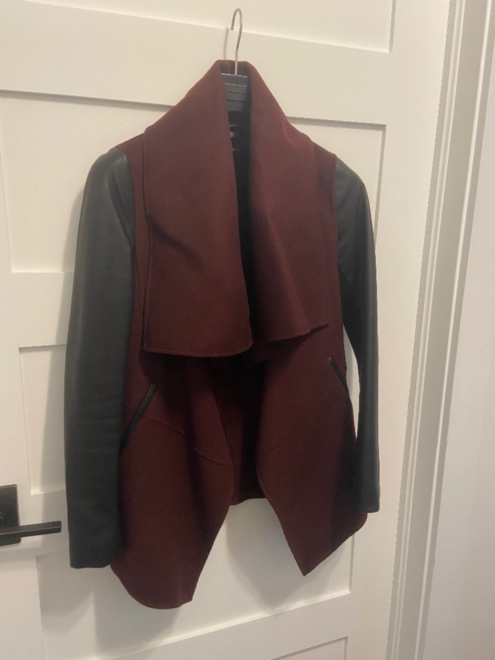 Maclage Vane draped wrap leather sleeves women coat